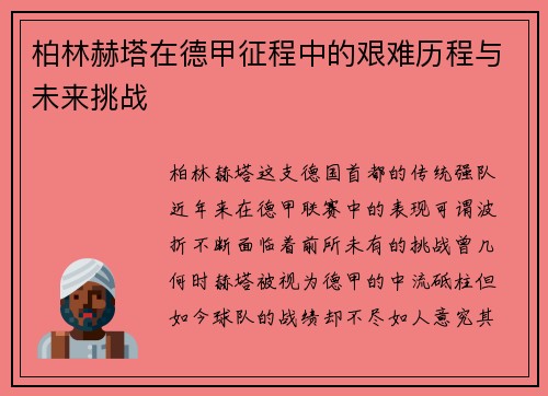 柏林赫塔在德甲征程中的艰难历程与未来挑战